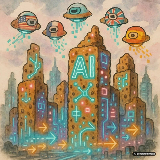 Illustration showing hreflang tags connecting global websites in a cookie-less AI search network