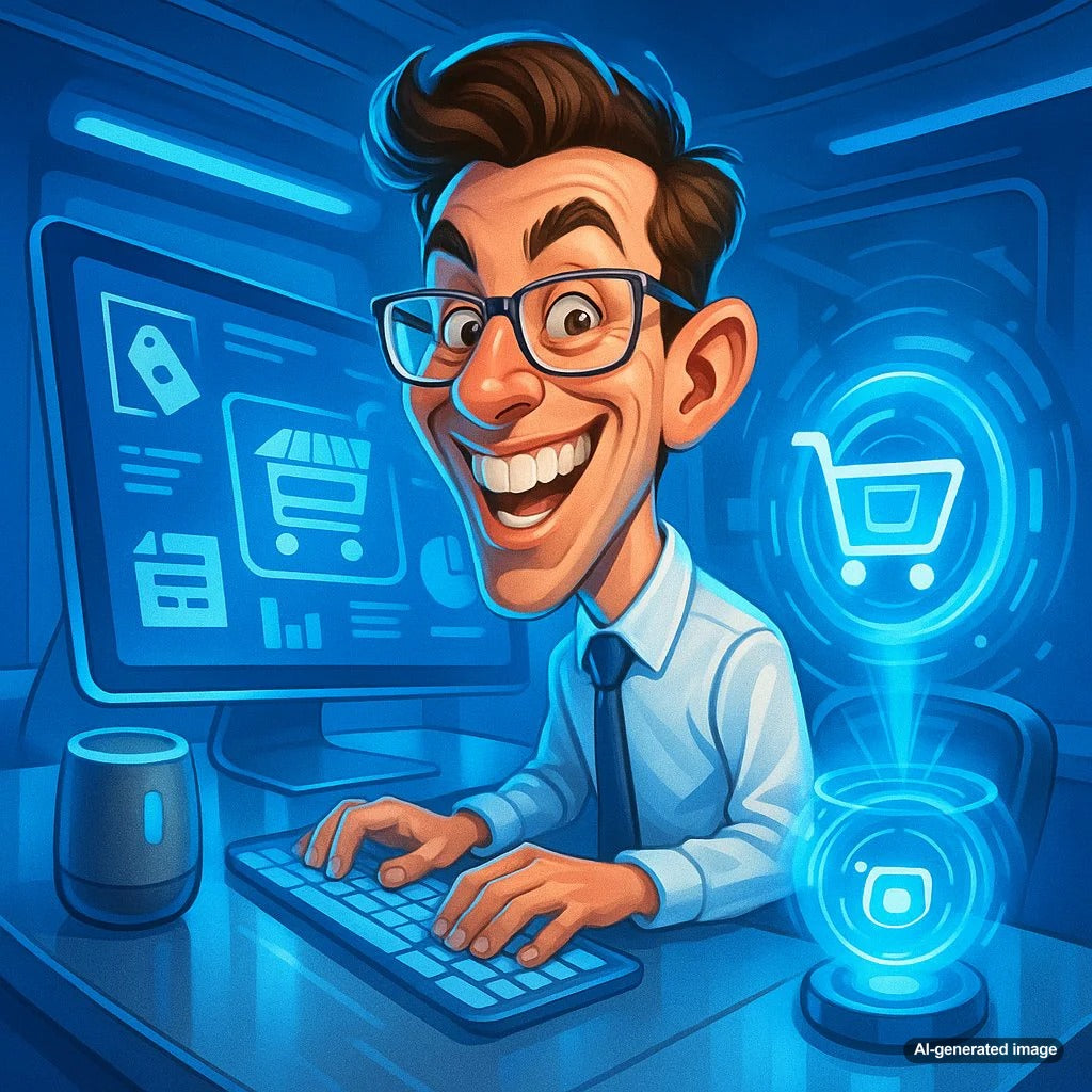 Illustration showing voice commerce interaction with smart speaker and product search
