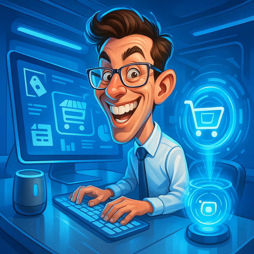 Illustration showing voice commerce interaction with smart speaker and product search