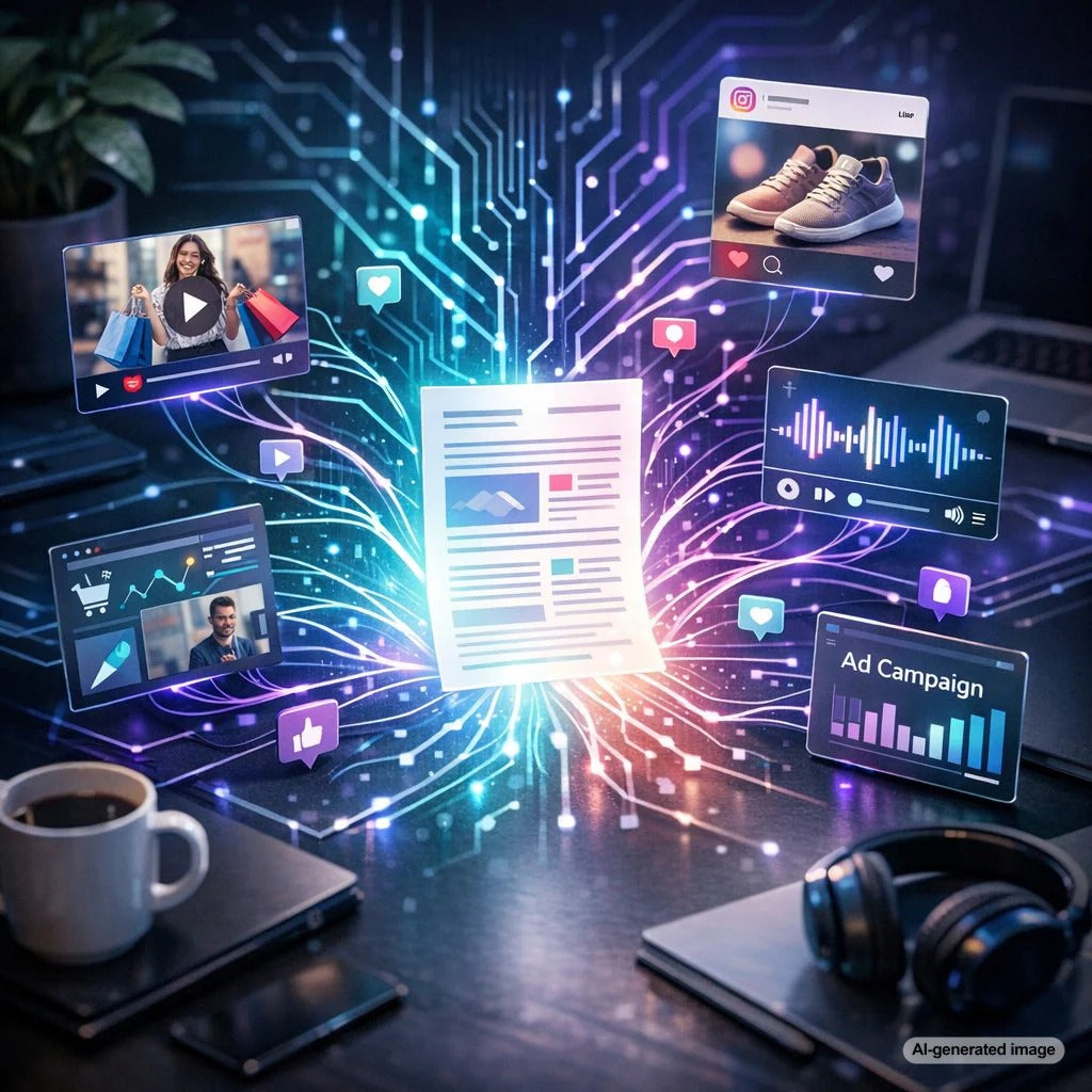 Cross-platform content marketing workflow showing an SEO blog post repurposed into social media posts, video content, and podcast episodes