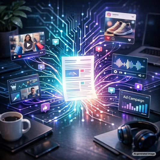 Cross-platform content marketing workflow showing an SEO blog post repurposed into social media posts, video content, and podcast episodes