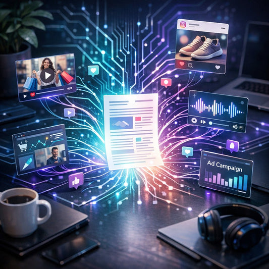 Cross-platform content marketing workflow showing an SEO blog post repurposed into social media posts, video content, and podcast episodes