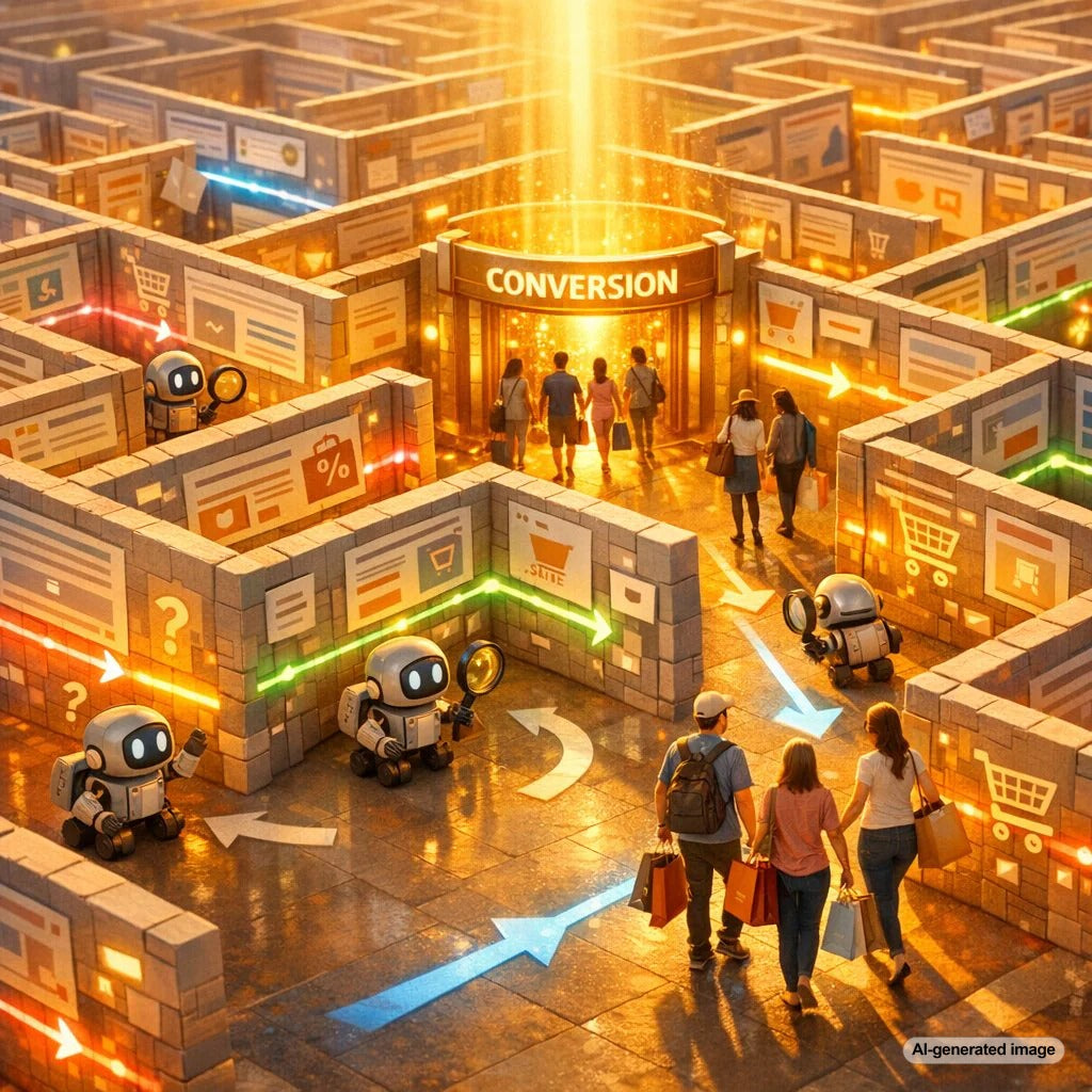 Illustration of a website linking maze showing internal pathways that guide search bots and online buyers through a clear site structure