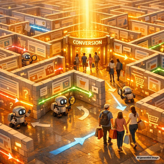 Illustration of a website linking maze showing internal pathways that guide search bots and online buyers through a clear site structure