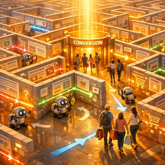 Illustration of a website linking maze showing internal pathways that guide search bots and online buyers through a clear site structure