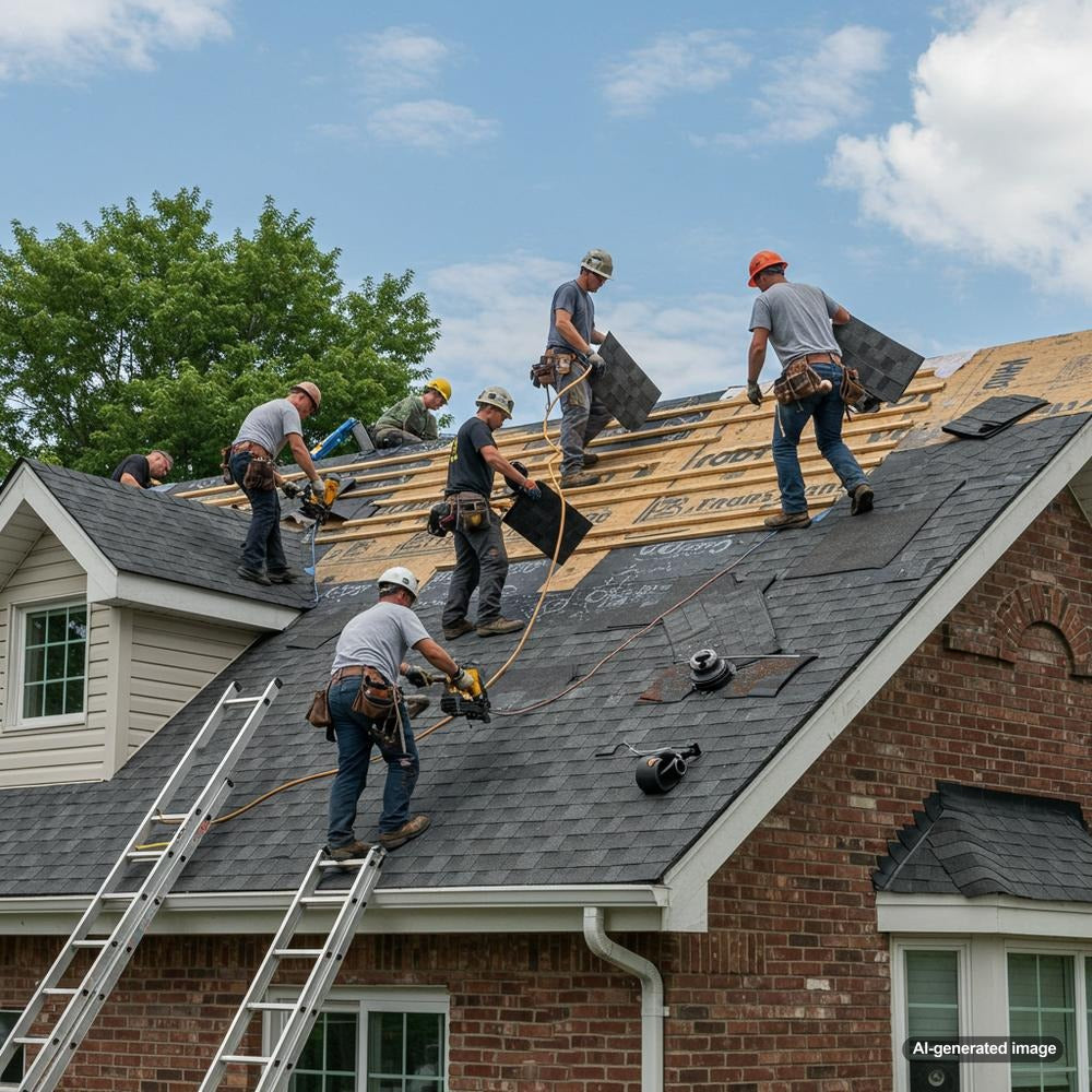 Roofing professional writing a blog post on a laptop