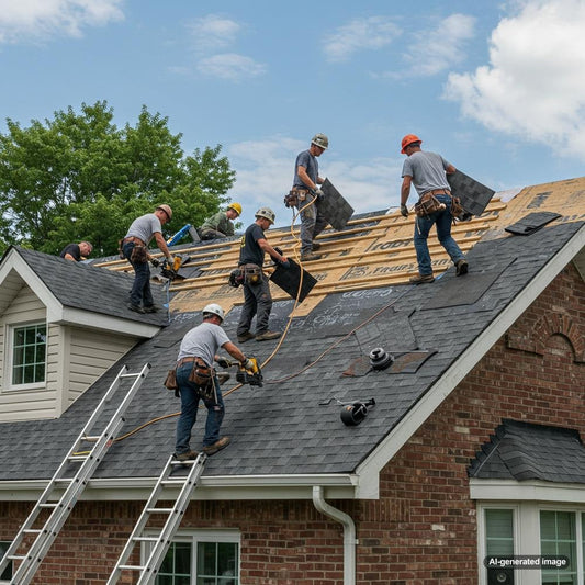 Roofing professional writing a blog post on a laptop