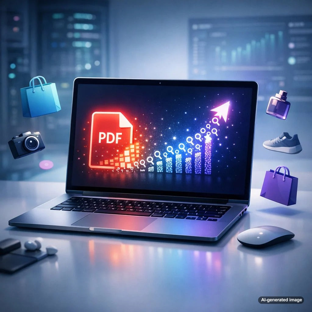 Illustration showing a PDF catalog quietly boosting search engine visibility and organic rankings