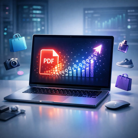 Illustration showing a PDF catalog quietly boosting search engine visibility and organic rankings