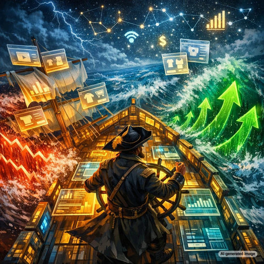 Pirate ship navigating through rough seas symbolizing recovery in e-commerce traffic