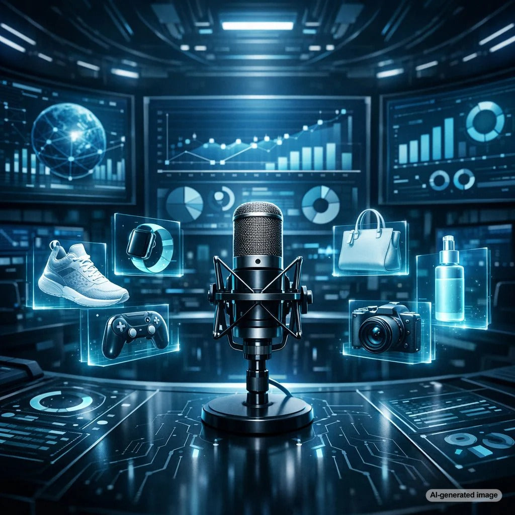 Microphone and ecommerce product packaging representing a podcast episode used as an SEO strategy for a physical product