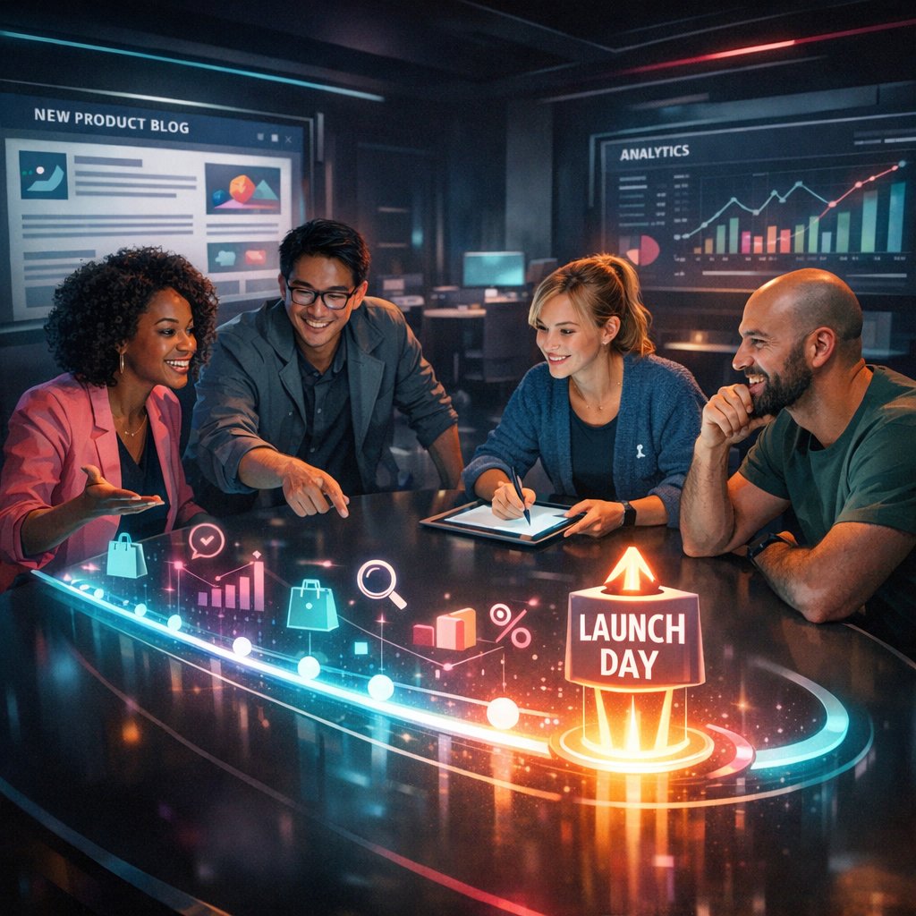 SEO focused product launch timeline illustrating pre launch preparation and post launch optimization