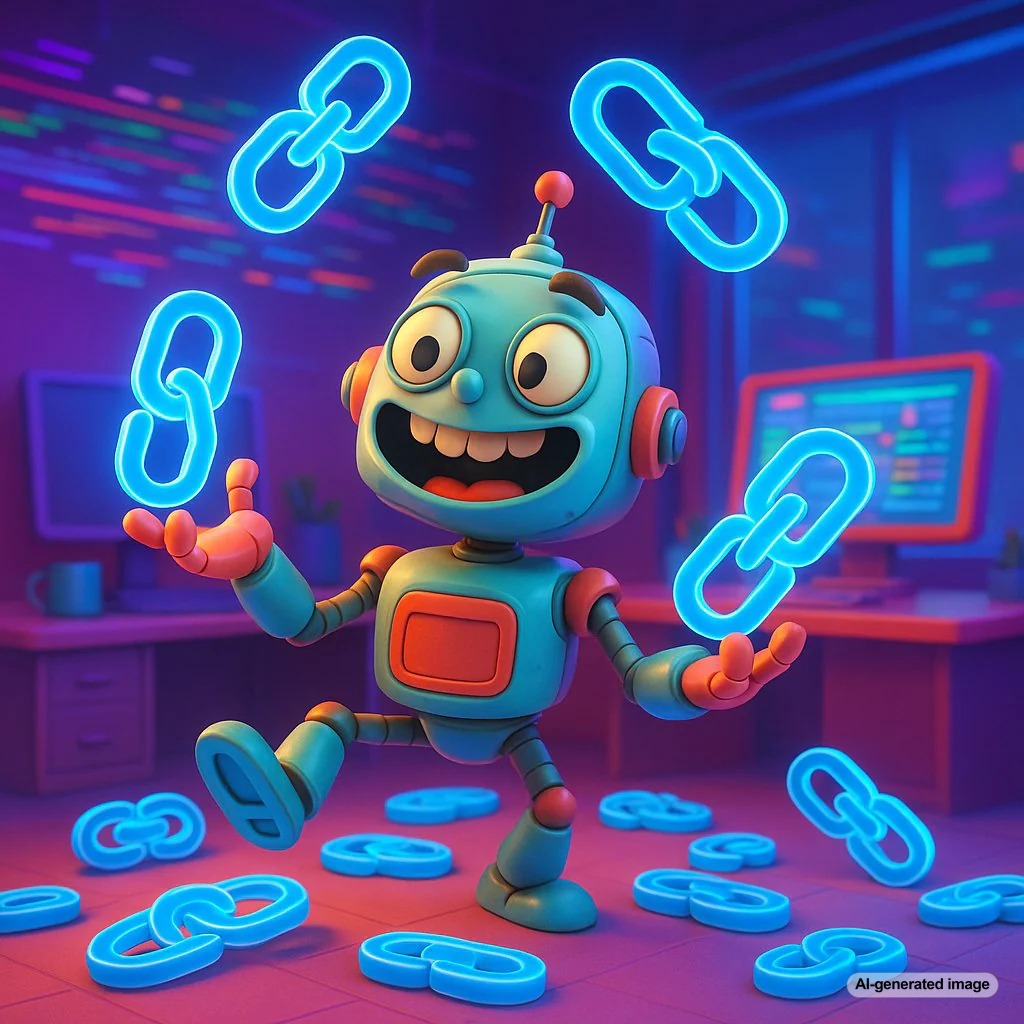 AI generated backlinks concept with robot creating links for SEO growth