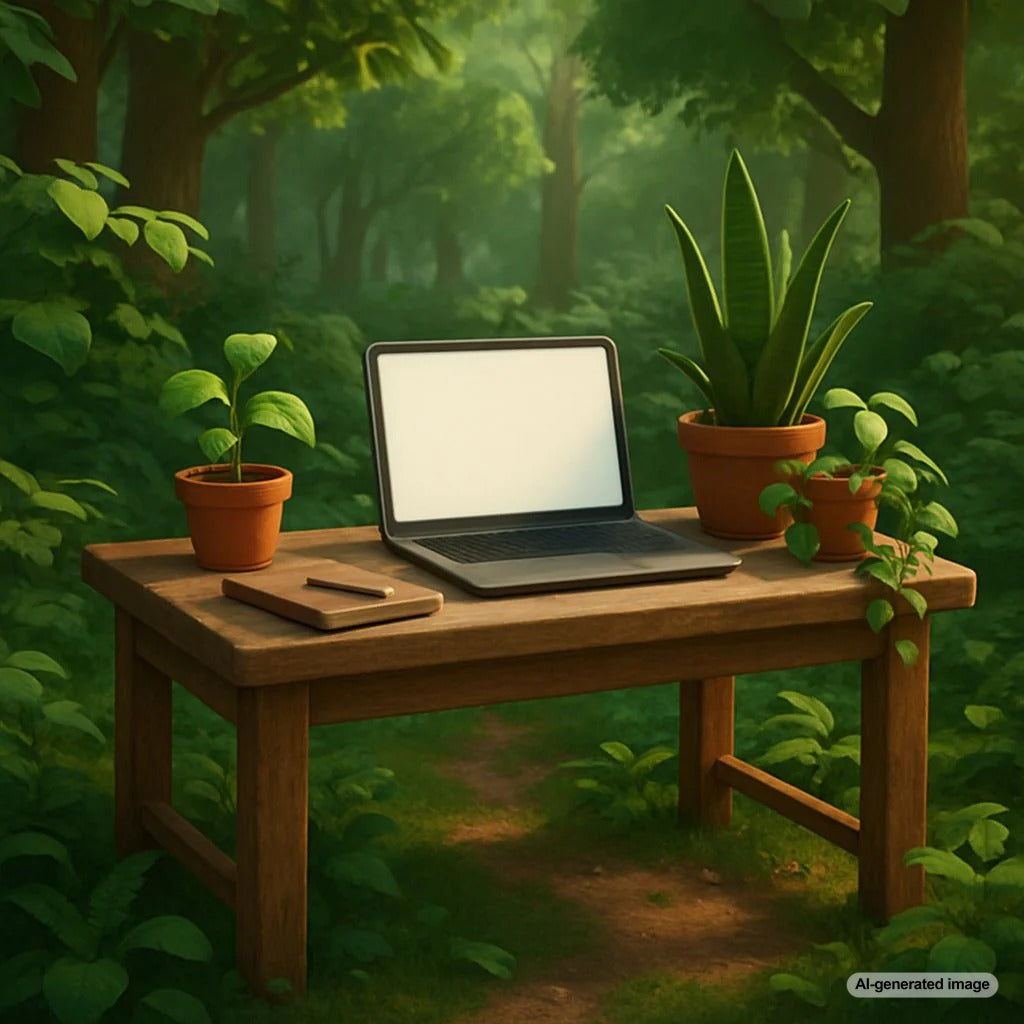 Illustration depicting eco-friendly blogging practices with green elements
