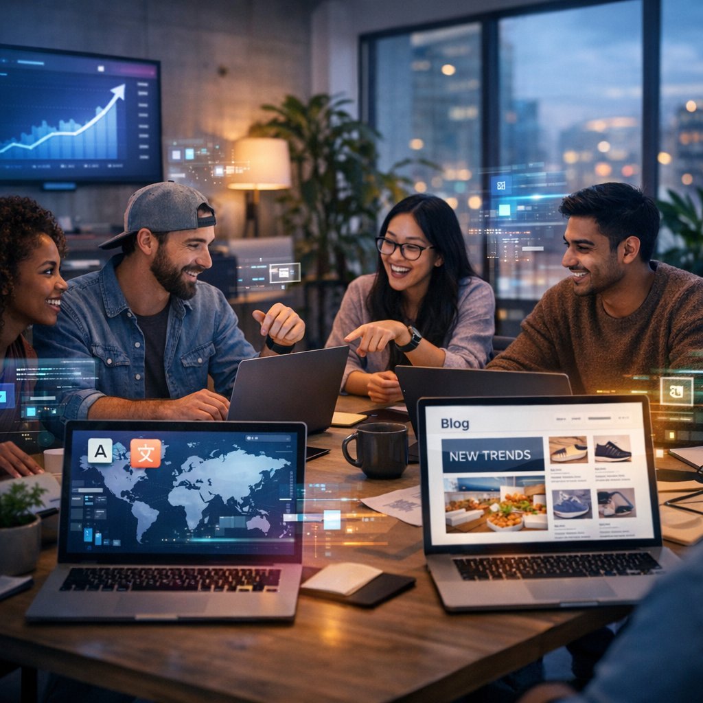 Multilingual SEO strategy concept showing blog content supporting global search growth across multiple languages