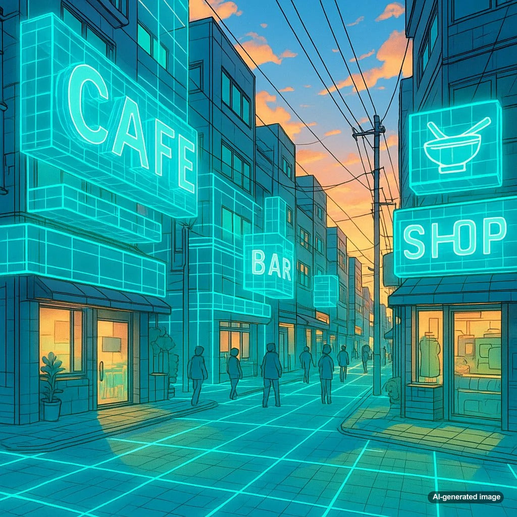Visual representation of a digital twin overlaid on a local business storefront listing