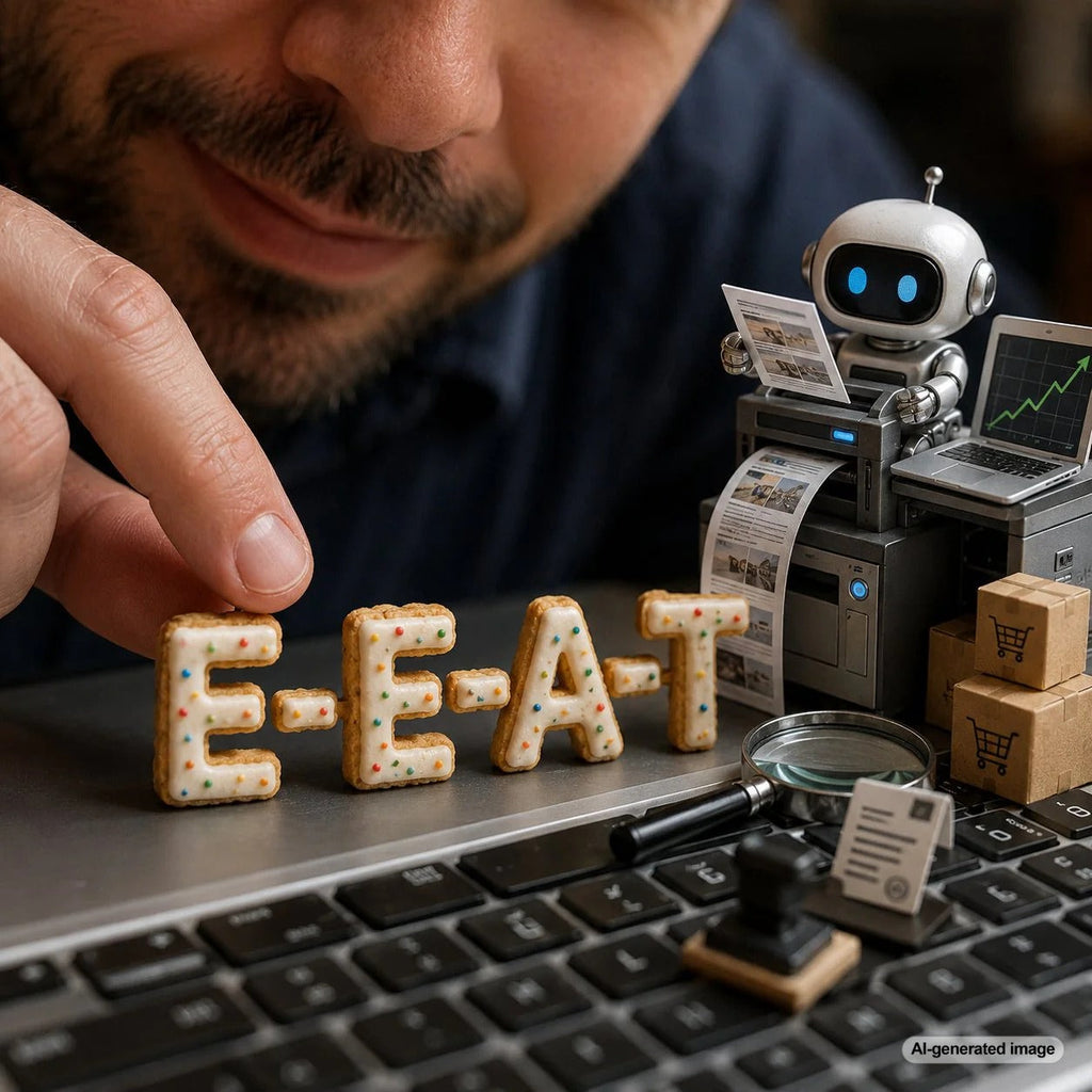 Illustration representing E-E-A-T principles for ranking informational keyword content in Google search