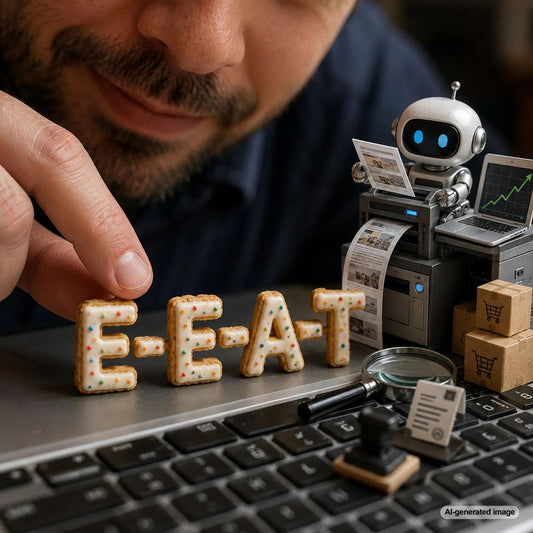 Illustration representing E-E-A-T principles for ranking informational keyword content in Google search