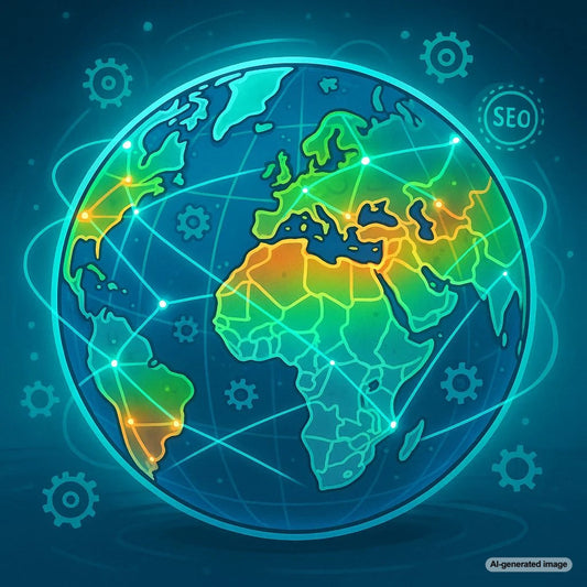 Illustration of globe with schema markup tags representing international SEO