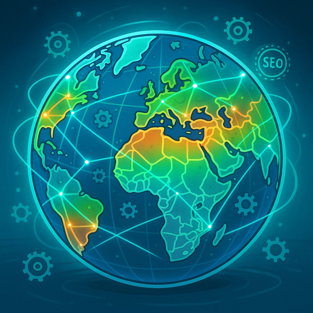 Illustration of globe with schema markup tags representing international SEO