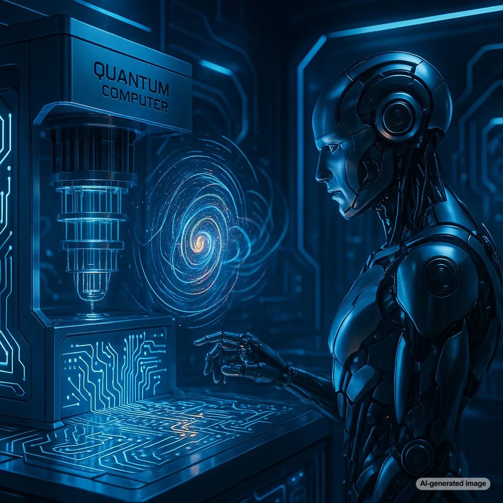 Illustration of quantum computer superimposed over search engine results futuristic style