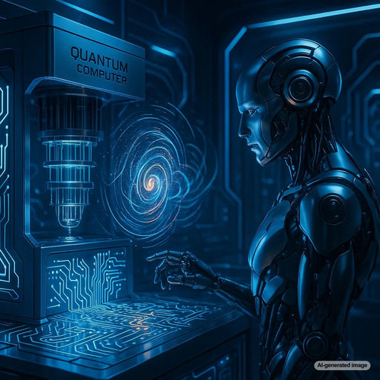Illustration of quantum computer superimposed over search engine results futuristic style