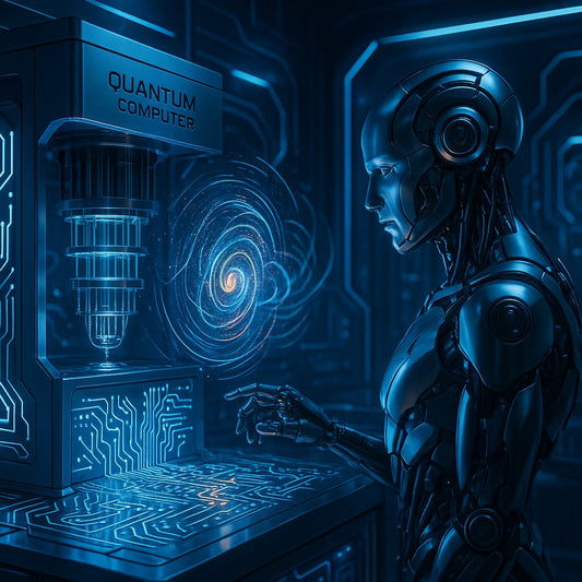 Illustration of quantum computer superimposed over search engine results futuristic style