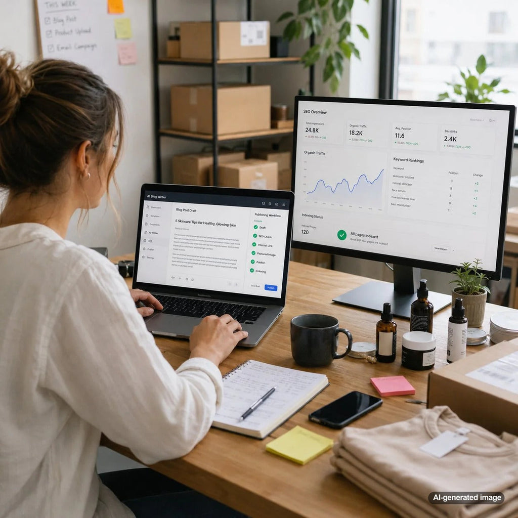 Small eCommerce business owner reviewing SEO blogging strategy for improved Google rankings