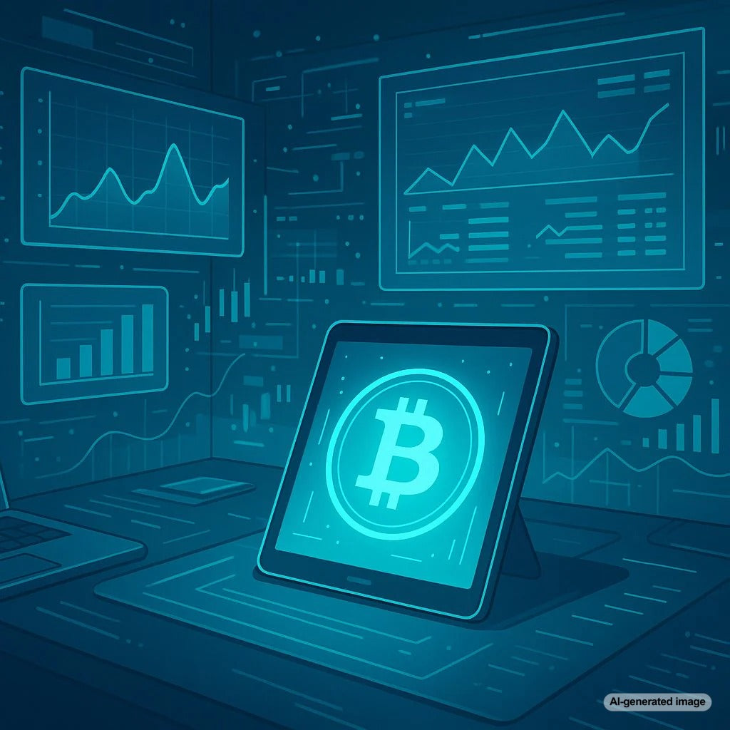 A digital illustration of a secure cryptocurrency checkout page on a laptop screen, symbolizing the integration of blockchain technology in e-commerce with SEO optimization elements.