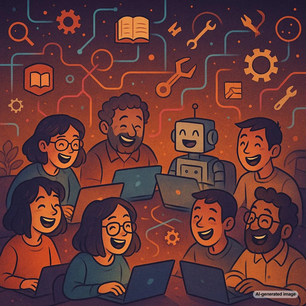A humorous illustration depicting SEO professionals sharing inside jokes in a niche community setting