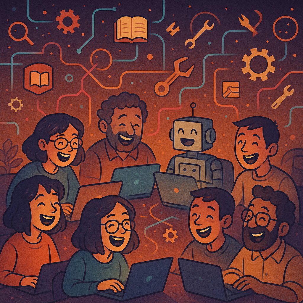 A humorous illustration depicting SEO professionals sharing inside jokes in a niche community setting