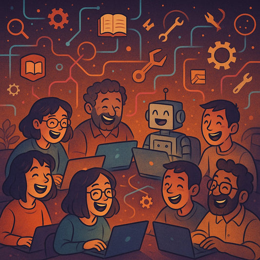 A humorous illustration depicting SEO professionals sharing inside jokes in a niche community setting