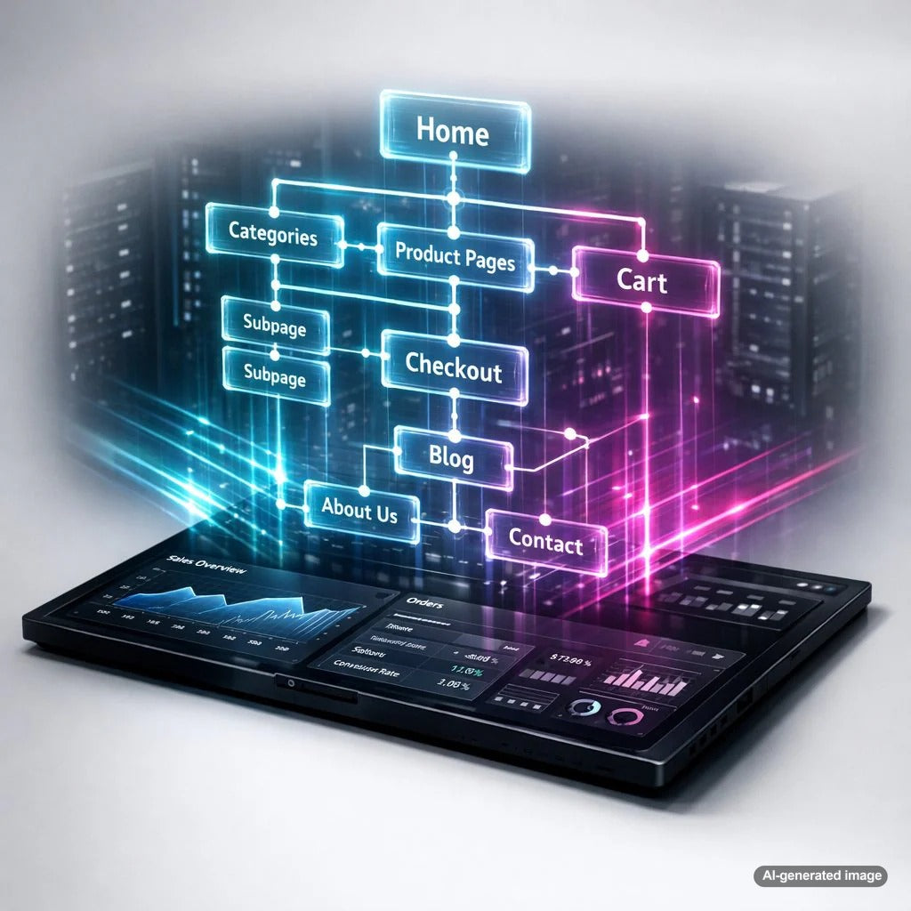Abstract ghost map style illustration of a website sitemap showing hidden site architecture, crawl paths, and SEO structure