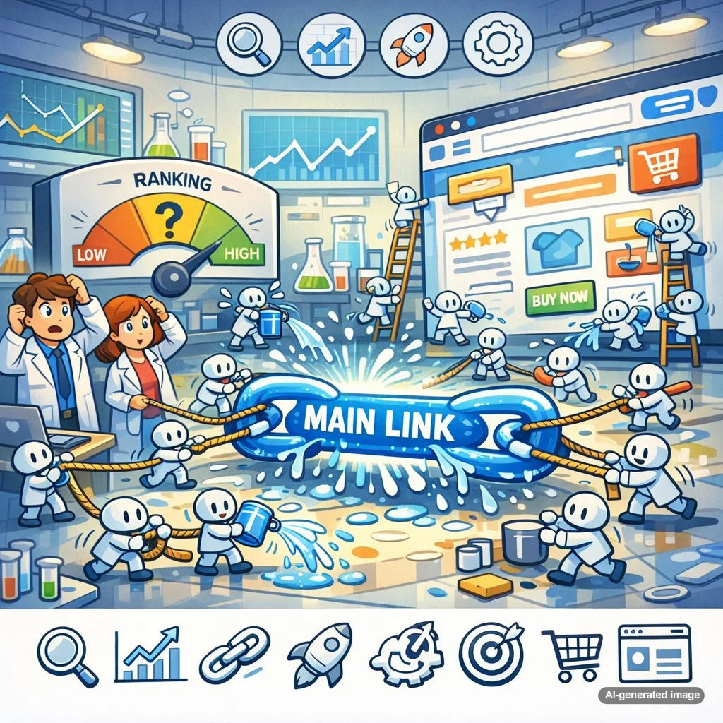 Illustration explaining the sitewide link dilution problem and its impact on SEO rankings