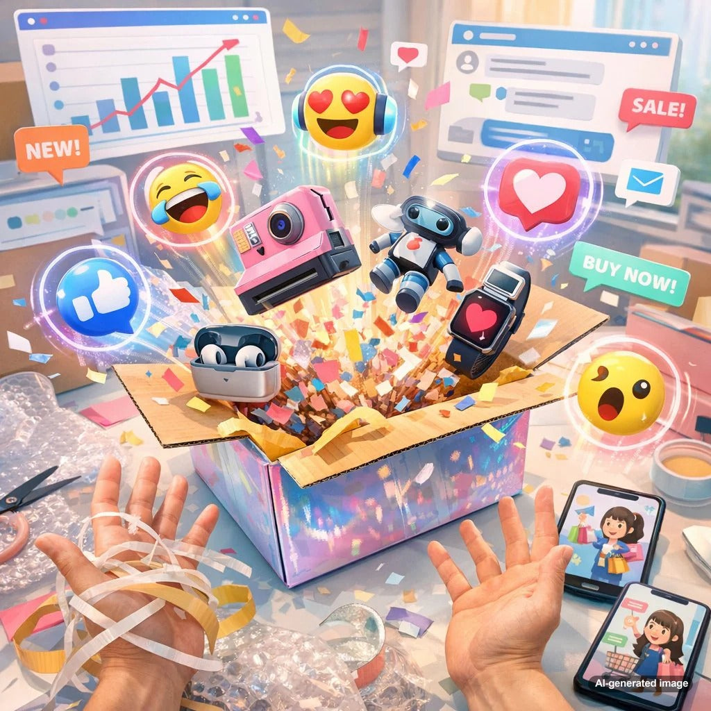 A thoughtfully designed unboxing experience captured as a customer opens a package, symbolizing how first impressions create lasting online engagement