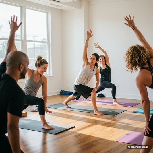 Yoga instructor writing a blog post in a serene studio setting