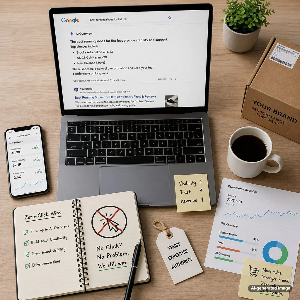 Business owner analyzing zero-click search visibility and SEO performance on a digital dashboard