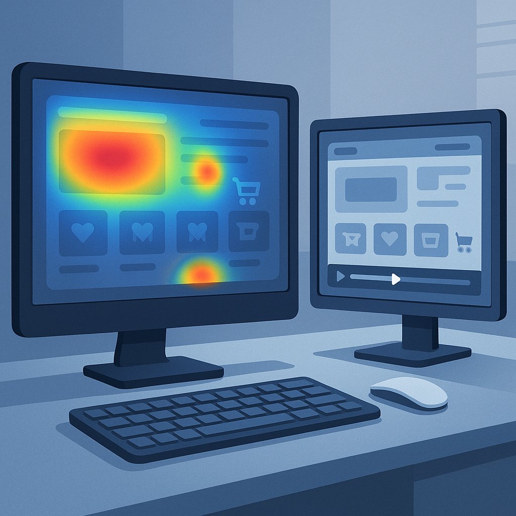 Visual representation of heatmaps and session recordings analyzing user behavior on a website