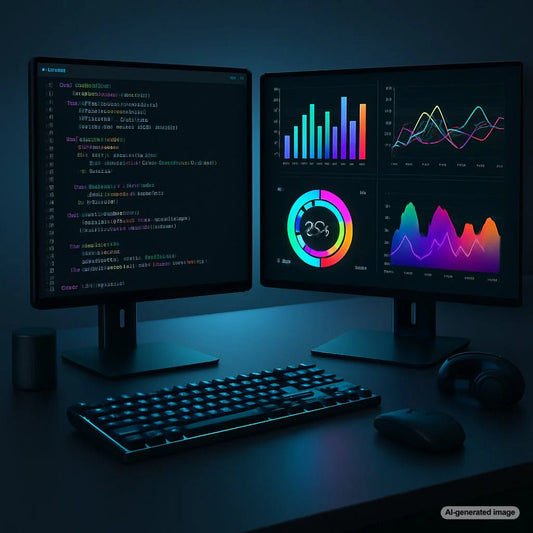 Laptop with Python code and data visualization charts on screen