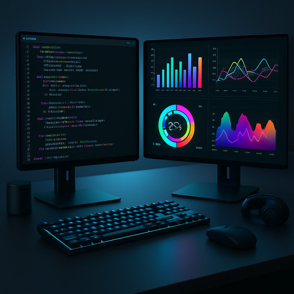 Laptop with Python code and data visualization charts on screen