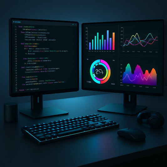 Laptop with Python code and data visualization charts on screen