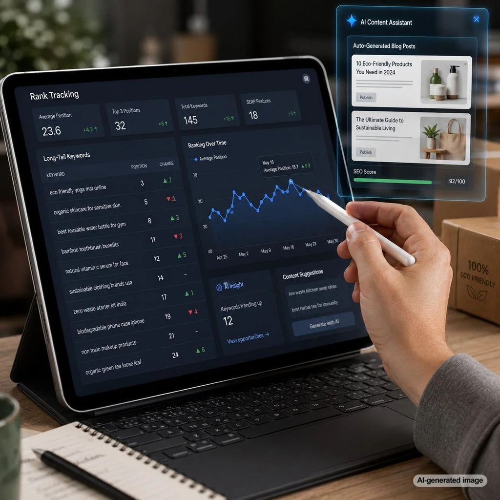 Dashboard showing rank tracking tools monitoring long-tail keyword positions and ranking fluctuations