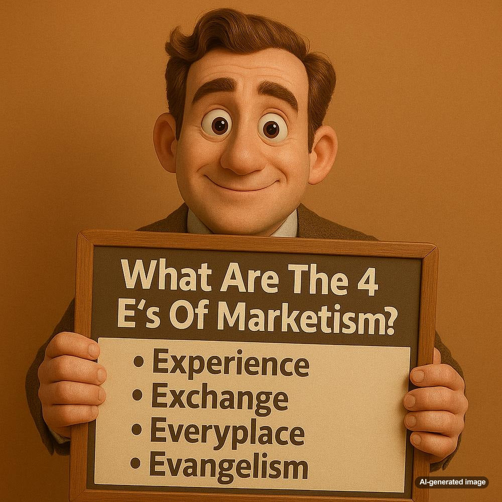 Infographic illustrating the 4 E's of Marketing: Experience, Exchange, Everyplace, Evangelism