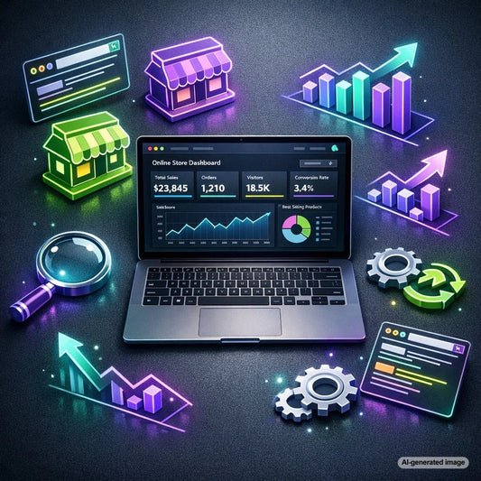 Illustration showing SEO strategies for Shopify stores including content optimization, technical SEO, and growth planning