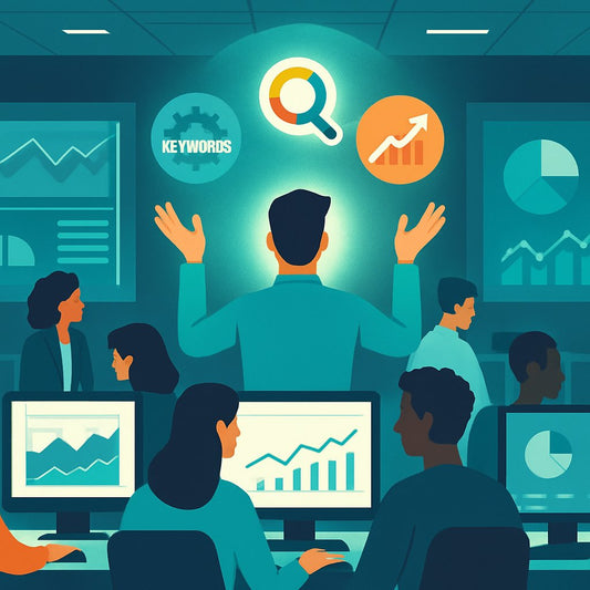 Illustration of SEO specialist working at a computer reviewing analytics