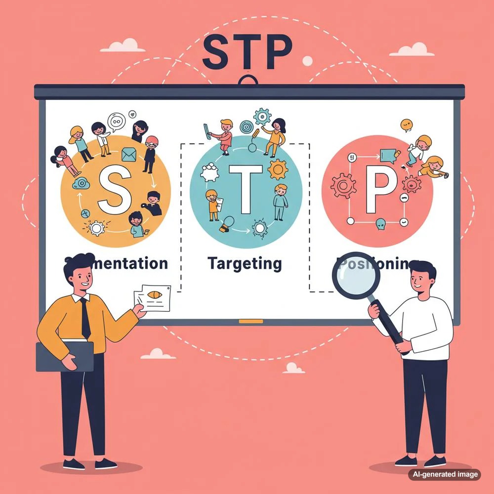 Illustration depicting Segmentation, Targeting, and Positioning in marketing