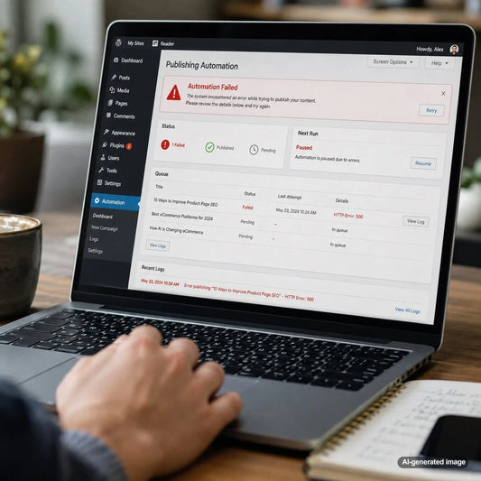 WordPress publishing automation failure represented by an interrupted automated content workflow