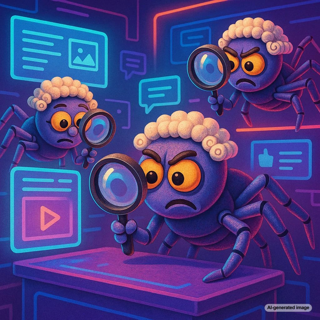 Cartoon of a Google crawler robot judging humorous blog content