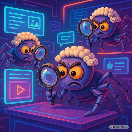Cartoon of a Google crawler robot judging humorous blog content