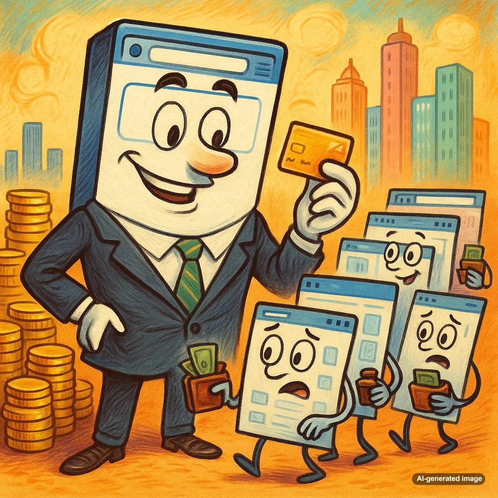 Funny illustration showing search engines charging money for rankings with shocked marketers